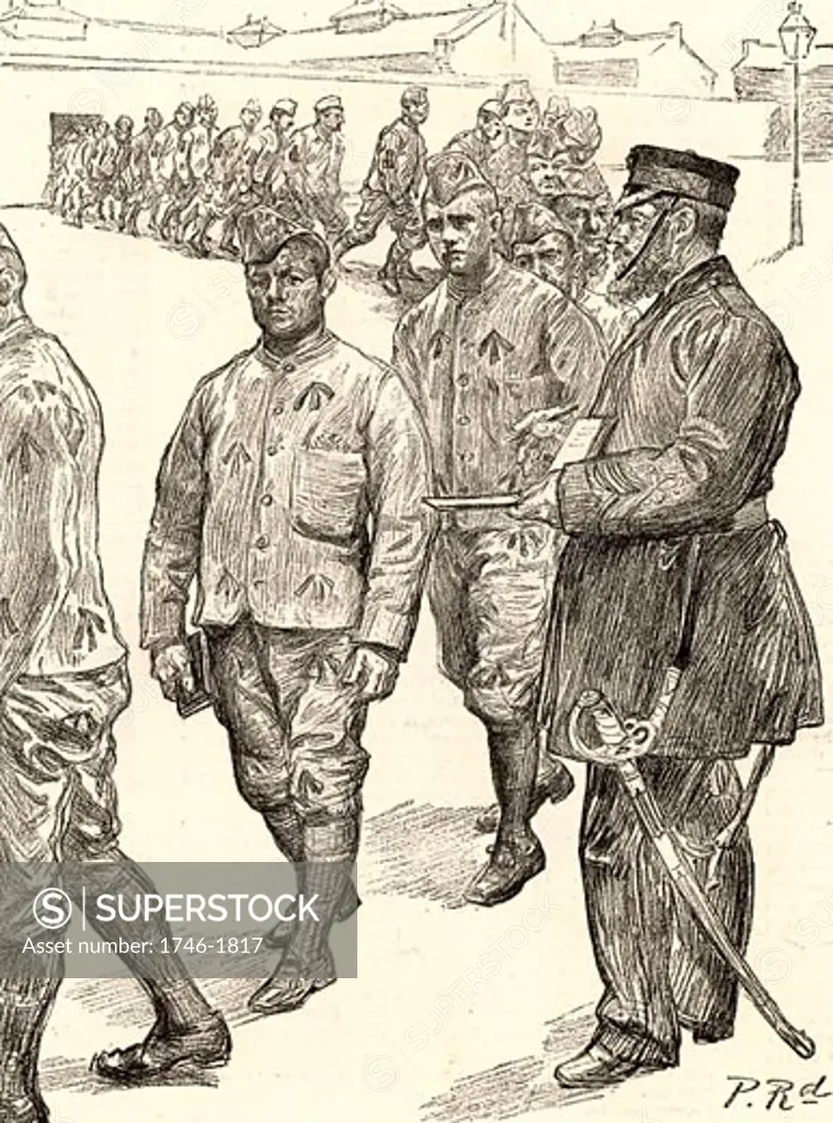 British prison system. Guard counting in prisoners after their day's work. The men are all in prison uniform printed with the broad arrow or phaeon, the device marking all British government property. The warder is wearing a sword, Wormwood Scrubs Prison, London, England, Engraving from The Graphic 