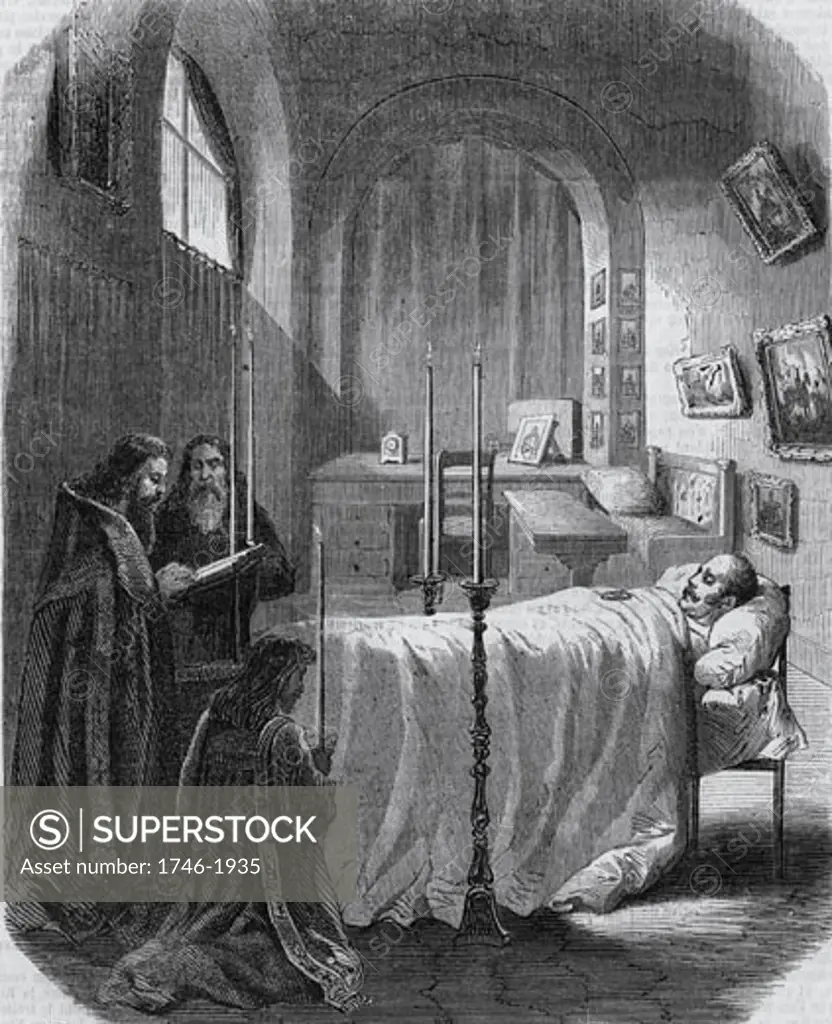 Nicholas I (1796-1855) Emperor (Tsar) of Russia from 1825, Nicholas on his deathbed, priests saying prayers over his body. His ambition was to absorb Turkey into the Russian empire, an ambition opposed by Britain and France and which resulted in the Crimean (Russo-Turkish) War of 1853-1856. From The