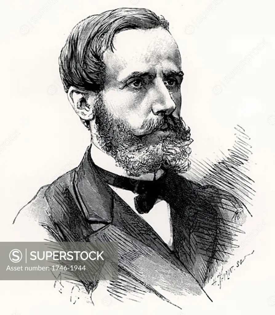 Raymond Gaston Plante (1834-1889) French physicist who in 1859 invented the first accumulator or electric storage battery. It was a wet cell with two lead plates immersed in sulphuric acid, the electrolyte. Engraving from Les Nouvelles Conquetes de la Science by Louis Figuier (Paris, 1883).