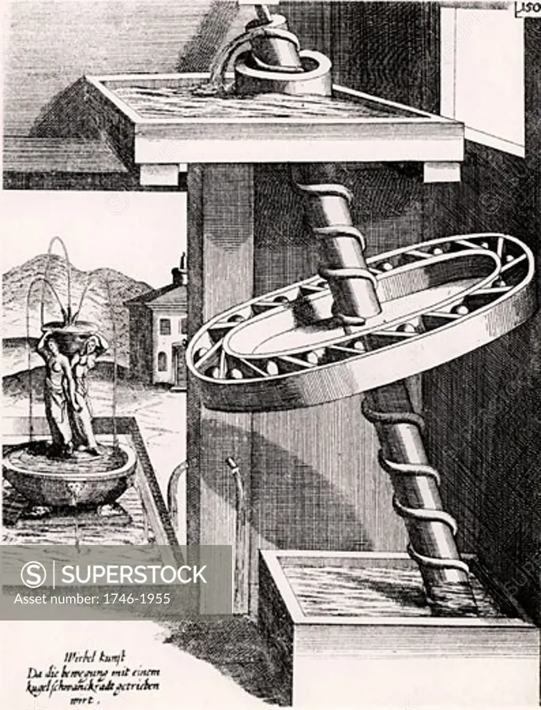 Perpetual motion: A garden fountain worked by water from upper cistern which is filled with water from an Archimedian screw. The screw is driven by a perpetual motion device using a wheel and lead balls. The balls are supposed to force the wheel round as they fall from the inside of the wheel to its