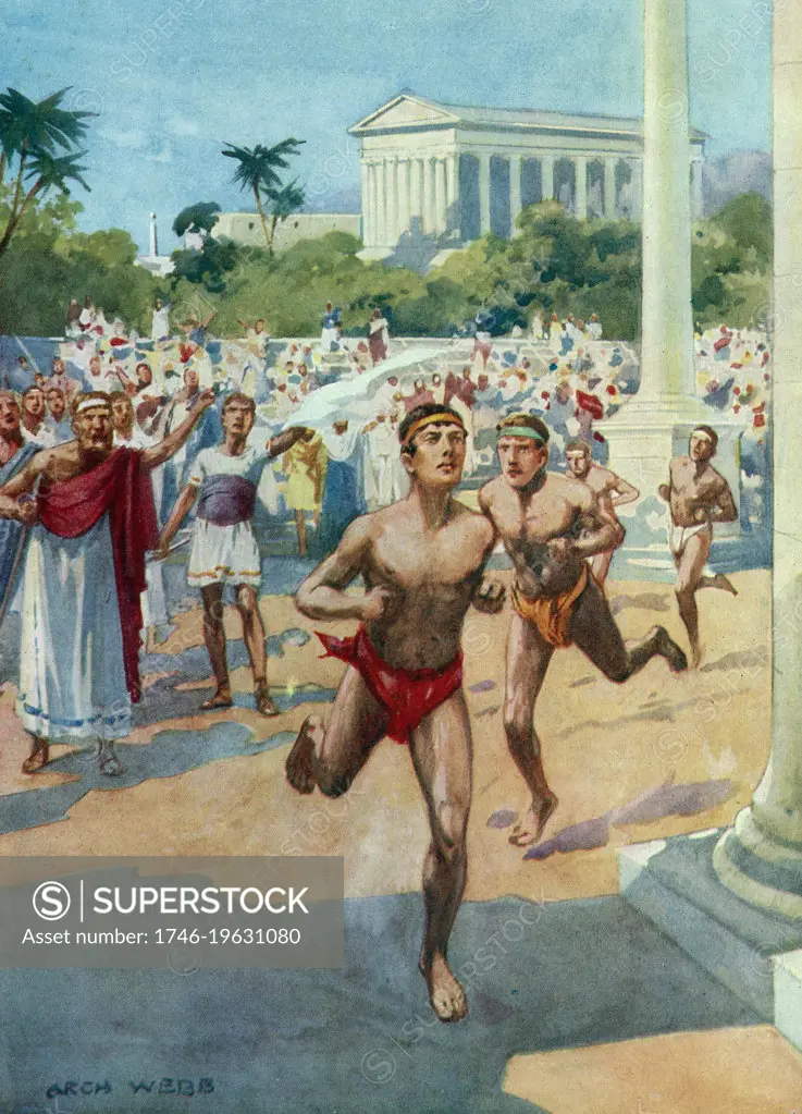 Ancient Olympic Games held in the honour of Zeus.  Runners competing in a foot race. Early 20th century illustration.