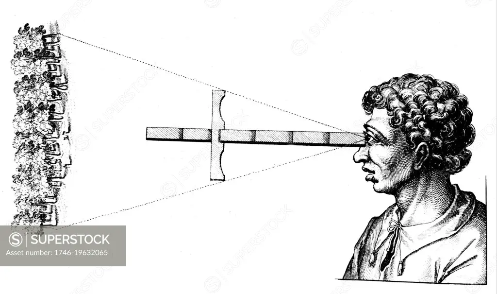 Finding the angular distance between two edges of a wood using a cross-staff. From Robert Fludd 'Utriusque cosmi ... historia', Oppenheim, 1617-1619. Engraving