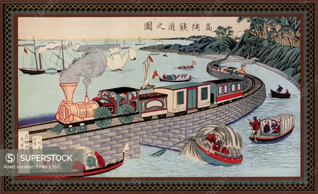 Train crossing a causeway across a bay on the Takanawa Railroad, Japan, c1880. From a picture by a Japanese artist.