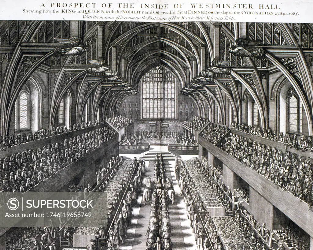 James II of England VII of Scotland (1633-1701). Reigned 1685-1688. Coronation of James II and his queen Mary (of Modena), 1685. Scene in the Banqueting Hall, Whitehall, London, celebrating the coronation. Engraving.