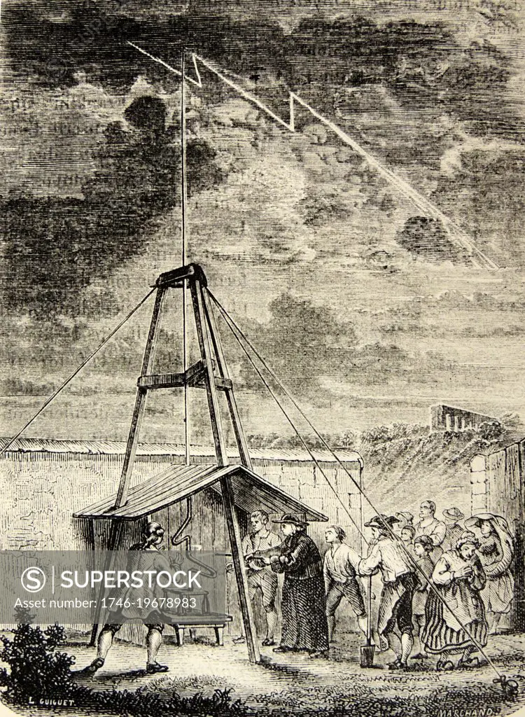 Thomas Dalibard (1803-1779) French botanist, demonstrating the electrical nature of lightning 10 May 1752, preceding Franklins kite experiment. However, it was Franklins writings that prompted Dalibards experiment. Engraving, Paris, 1870.