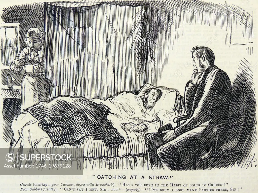 Curate paying a home visit to a London cabman suffering from bronchitis. Cabmen were exposed to fogs London Particulars and were in the open in all weathers. Cartoon from Punch, London, 1878.