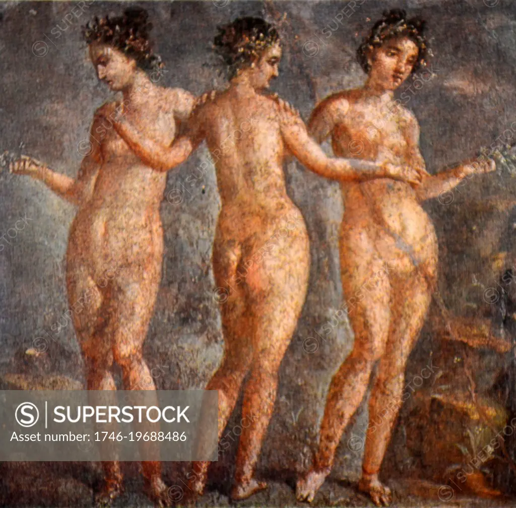 Roman fresco titled the Three Graces. The fresco depicts three hefty nudes.  3 A.D. - SuperStock