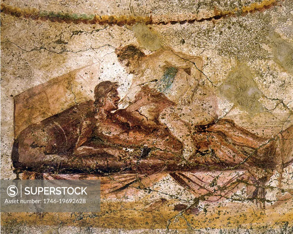 Pompeii; Italy; Roman fresco depicting an erotic scene; Its century AD -  SuperStock