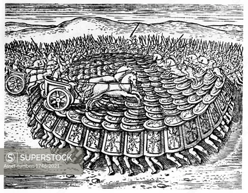 Roman soldiers making a Tortoise with their shields strong enough for chariots to drive over, Reconstruction from Poliorceticon sive de machinis tormentis telis by Justus Lipsius (Antwerp, 1605), Copperplate engraving