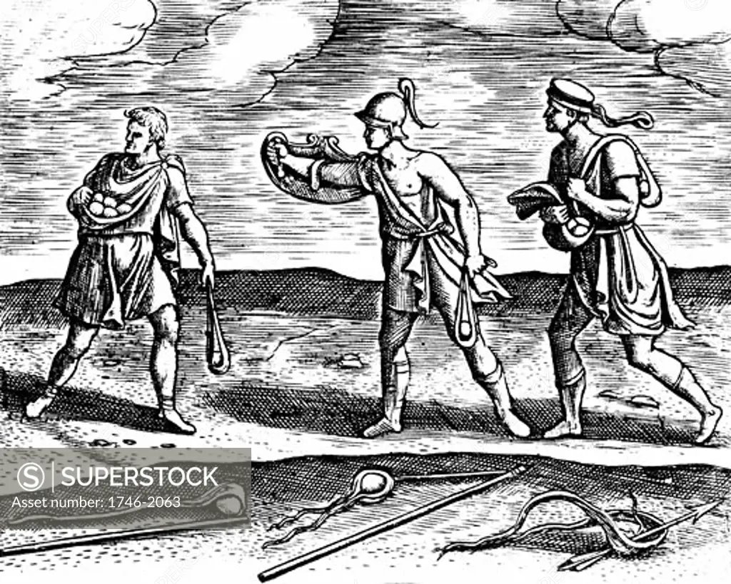 Roman soldiers: Stone slingers and their equipment, Three men all carrying short hand slings, while on ground are sling sticks which gave missiles greater impetus, From Poliorceticon sive de machinis tormentis telis by Justus Lipsius (Antwerp, 1605), Copperplate engraving