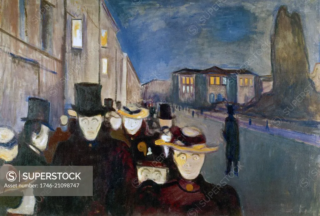 Work entitled Evening in Karl Johan Street by Norwegian artist Edvard Munch (1863-1944). This work was produced in 1892.