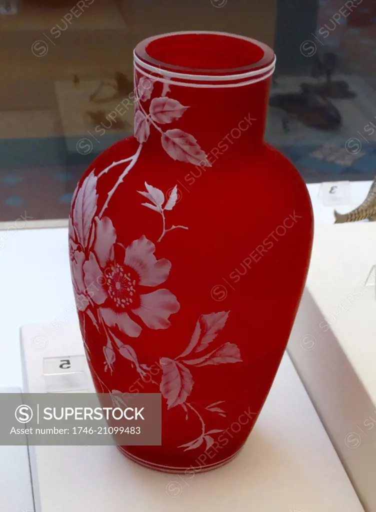 Vase; about 1915; England; Stourbridge; Stevens & Williams; Cameo glass. Cameo glass is a luxury form of 'art glass' produced by etching and carving through fused layers of different coloured glass.