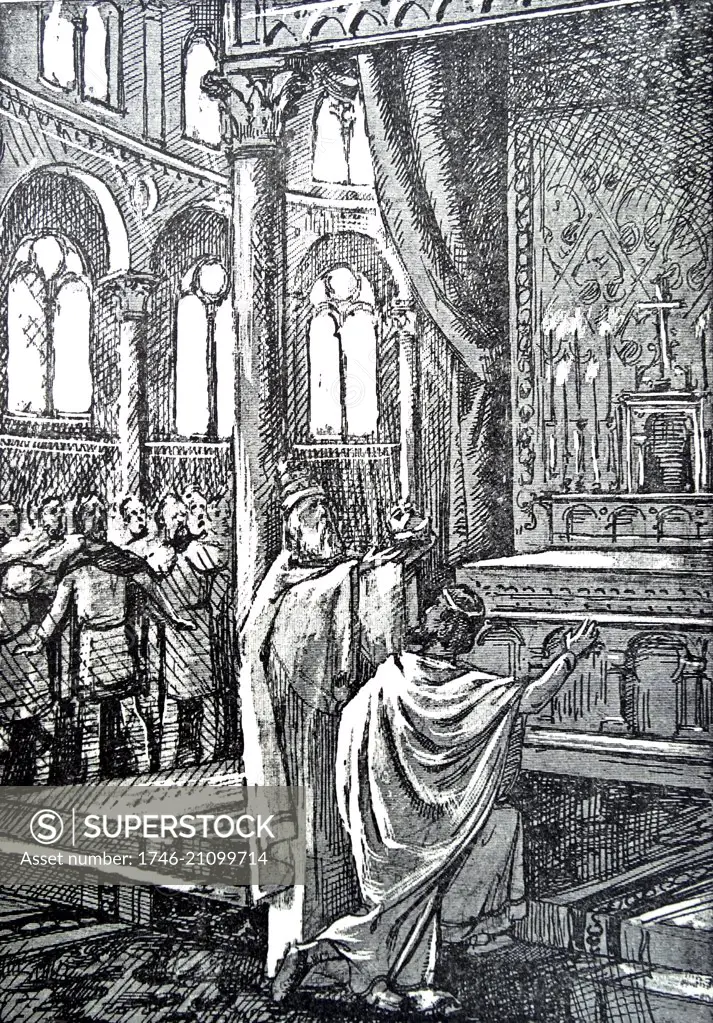 Charlemagne crowned as Emperor by Pope Leo III on 25 December 800. The Coronation of the Holy Roman Emperor refers to a ceremony in which the ruler of Europe's then largest political entity received the Imperial Regalia at the hands of the Pope; symbolizing the pope's alleged right to crown Christian sovereigns; and the emperor's role as protector of the Roman Catholic Church.