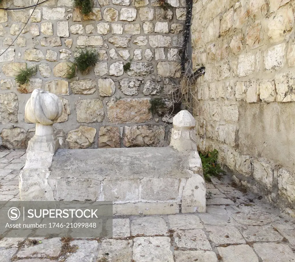 Arab grave stone and tomb at the Jaffa Gate; a stone portal in the historic walls of the old City of Jerusalem. It is one of eight gates in Jerusalem's Old City Walls.