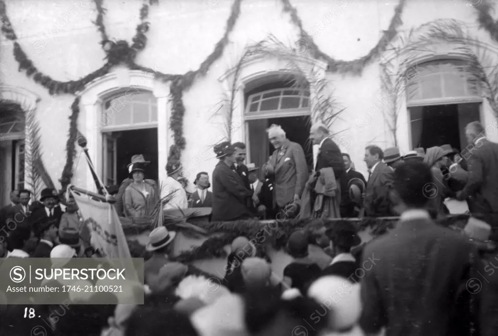 Photograph of the reception for Lord Balfour and Chaim Weizmann at the Gymnasium of Tel Aviv. Dated 1925