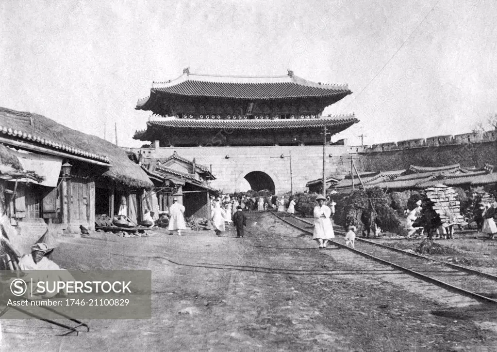 Photograph of the Namdaeum, the Great South Gate in Seoul, Korea. Dated 1904