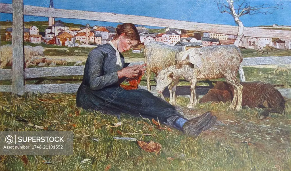 Oil painting of 'Girl Knitting', by Giovanni Segatini (1858-1899) Italian painter known for his large pastoral landscapes of the Alps. In later life he combined a Divisionism painting style with Symbolist images of nature. He was active in Switzerland for most of his life.