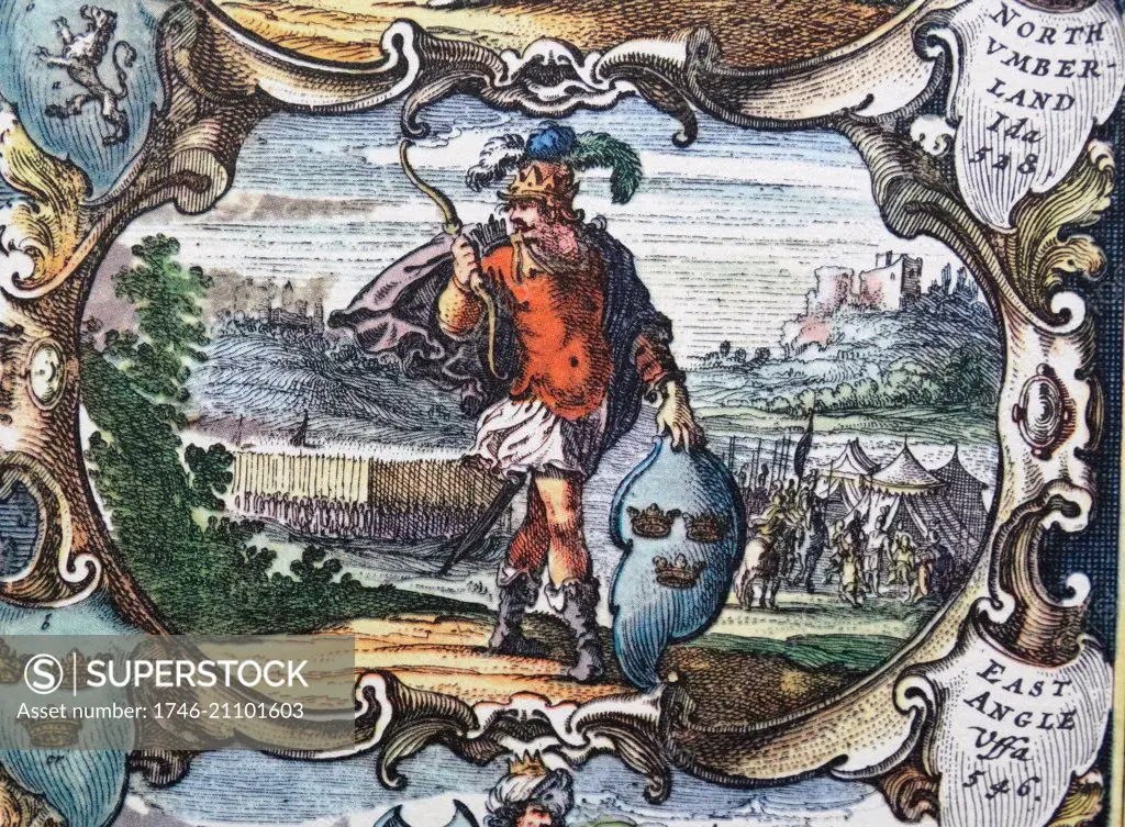 Offa was King of Mercia, a kingdom of Anglo-Saxon England, from 757 until his death in July 796. Detail from an antique map of Britain, by the Dutch cartographer Willem Blaeu in Atlas Novus (Amsterdam 1635)