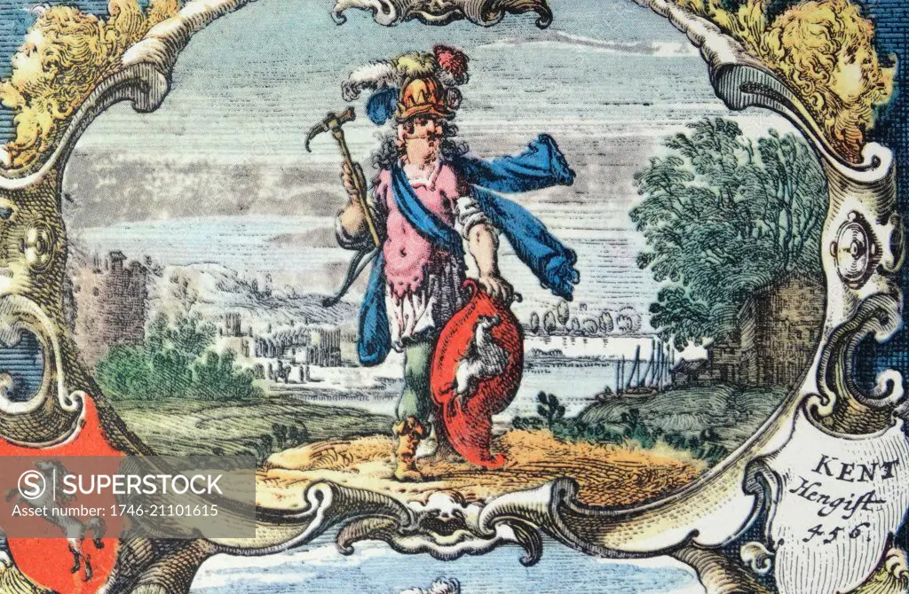 Hengist (or Hengist) led the Angle, Saxon, Frisians and Jutish armies that conquered the first territories of Britain in the 5th century. founder of the Kingdom of Kent. Detail from an antique map of Britain, by the Dutch cartographer Willem Blaeu in Atlas Novus (Amsterdam 1635)