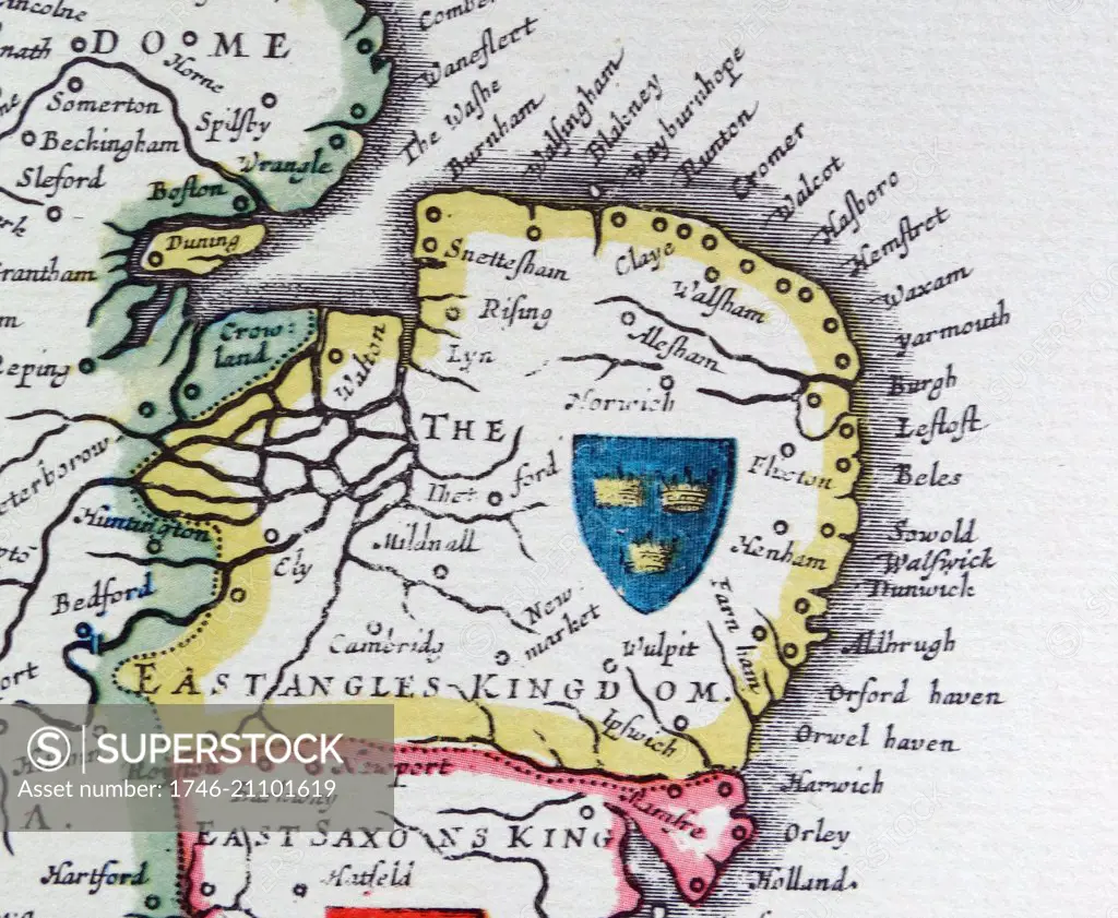 Shield of East Anglia, from the Heptarchy; a collective name applied to the Anglo-Saxon kingdoms of south, east, and central England during late antiquity and the early Middle Ages, Detail from an antique map of Britain, by the Dutch cartographer Willem Blaeu in Atlas Novus (Amsterdam 1635)