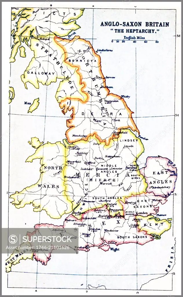 1914 Map showing the Heptarchy (from the Greek hepta, seven). The name applied to the Anglo-Saxon kingdoms of south, east, and central England during late antiquity and the early Middle Ages, conventionally identified as seven: Northumbria, Mercia, East Anglia, Essex, Kent, Sussex, and Wessex. The Anglo-Saxon kingdoms eventually unified into the Kingdom of England