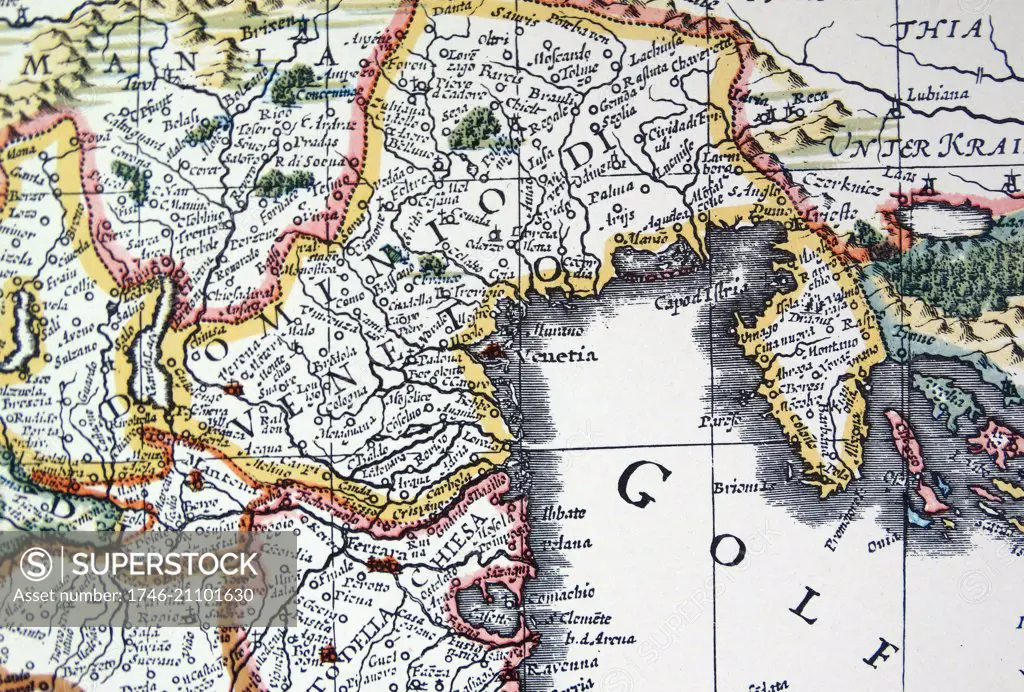 Venetia and Venice (detail) from a map of Italy 1631, by Johannes Blaeu based on a map by Giovanni Antonio Magini (d. 1617). Nova Italia Delineatio, 1631, by J. Blaeu (1598-1673)