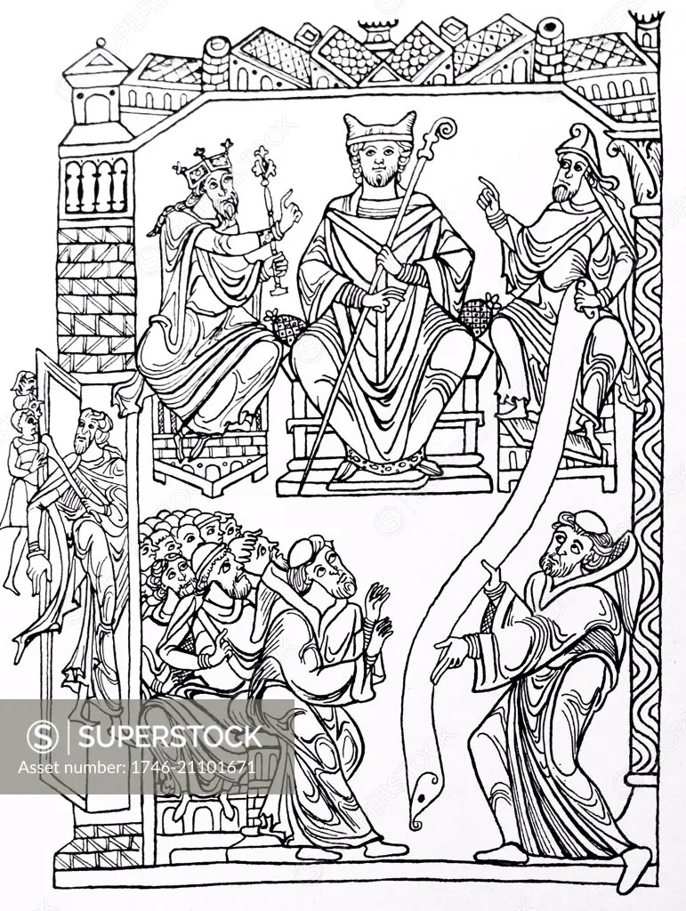 Line drawing of St Benedict handing his book (the Rule) to a group of monks symbolising the foundation of Western monasticism. Dated 12th Century