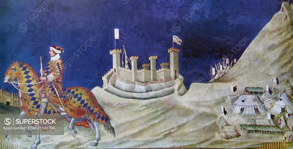 Fresco painted by the Tuscan artist Simone Martini (1284-1344) representing the siege of Montemassi. The fresco depicts Guidoriccio de Fogliano, an Italian leader and imperial vicar for Reggio Emilia, on horseback, an encampment and catapult behind the castle wall. Dated 14th Century