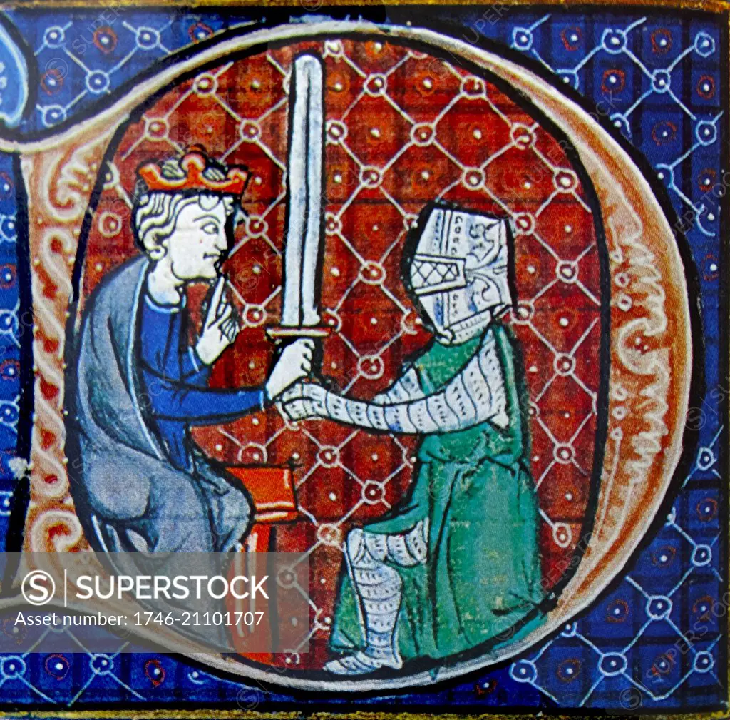 Miniature depicting a Knight receiving his sword from the King Guillaume d'Orange. Dated 14th Century