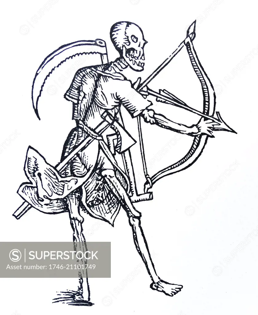 Mediaeval line drawing of death with a bow and scythe. Dated 13th Century