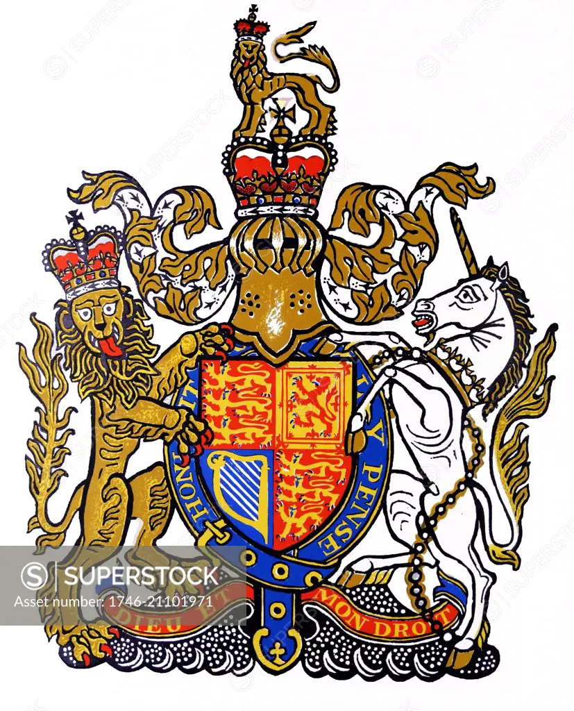 The coat of arms of the British monarch bearing the motto of English monarchs, Dieu et mon droit (God and my right). Drawn by Edward Bawden CBE RA (1903 ñ 1989) was an English graphic artist.