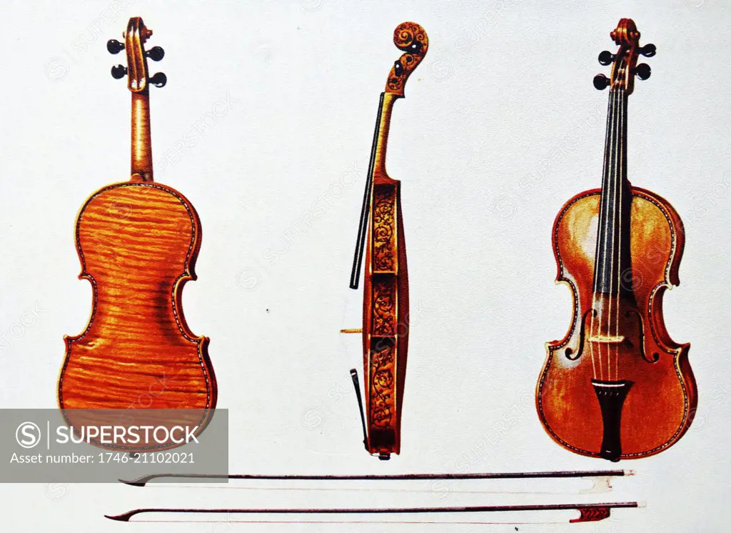 Violin, The Hellier Stradivarius and two old bows noted for the fluting. The 'Hellier' Stradivarius Violin is considered to be one of the perfect earlier works of the instrument.