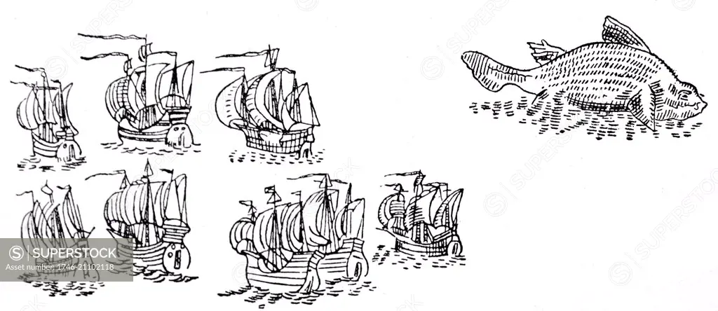 An Atlantic fleet of Magellan's time. From Mercator's 'Mappa Munde 1569, where the drawing is spoken of as 'Magellan's ships