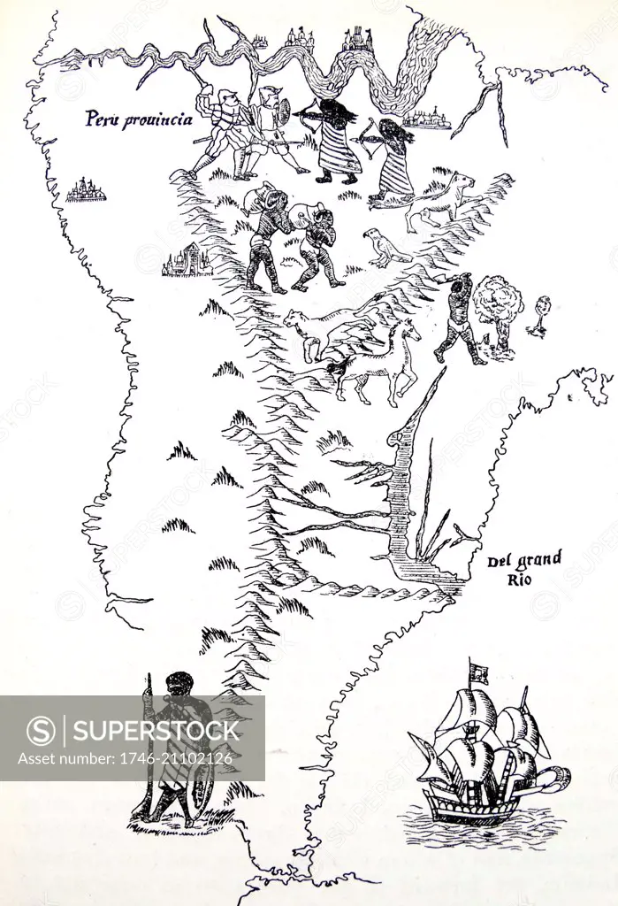 Peru and South America. From the Map of the World of 1544, usually ascribed to Sebastian Cabot. At the top is shown the River Amazon, discovered by Orellana in 1541.