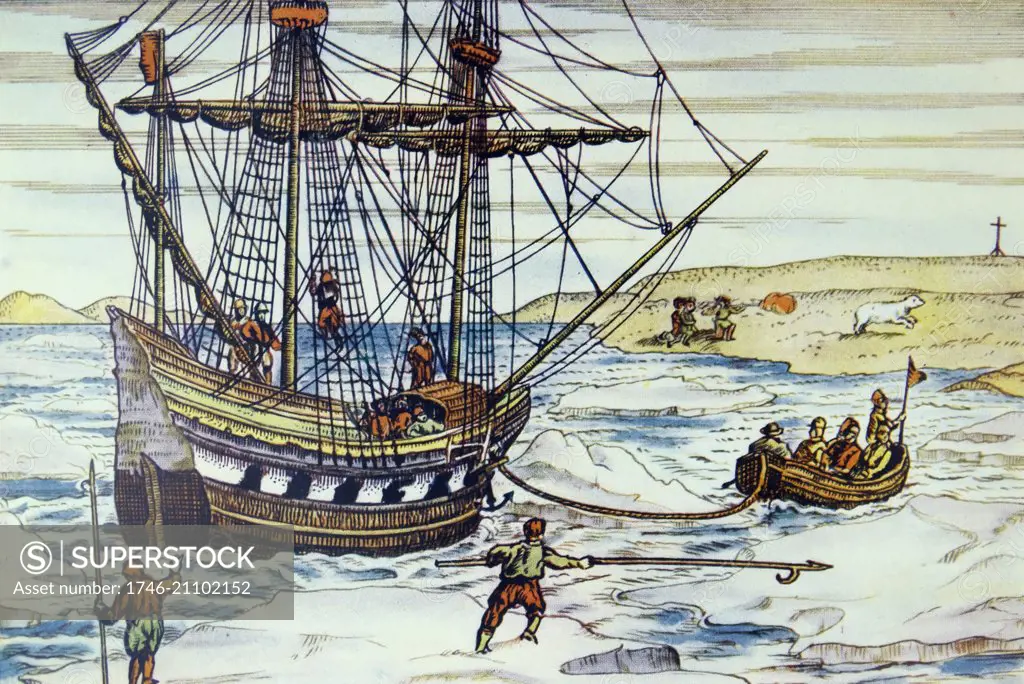 Willem Barents ship among the arctic ice. From a coloured woodcut in the account of Barent's three voyages by Gerard de Veer, published 1598.