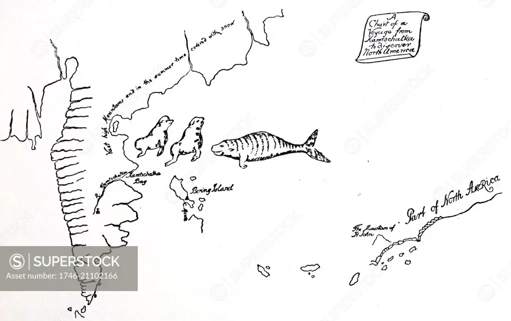 The chart of Vitus Bering's (1681-1741) voyage from Kamchatka to North America. Bering was a Danish explorer and officer in the Russian navy. From a chart drawn in 1741 by Lieut. Waxell, a member of Behring's expedition.