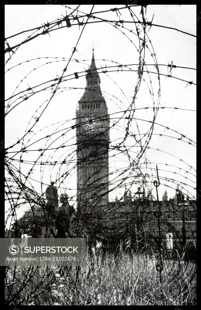 Barbed wire fences in Parliament Square London during World War Two 1942