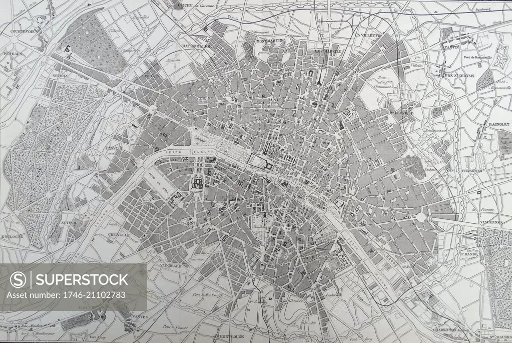 19th Century Map of Paris with the River Seine depicted. Dated 1880