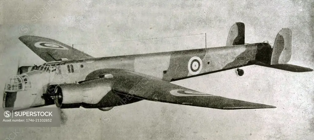 Photograph of the ''Whitley'' British Bomber plane. The particular type of plane had the ability to carry a heavy load of bombs and artillery. Dated 1939