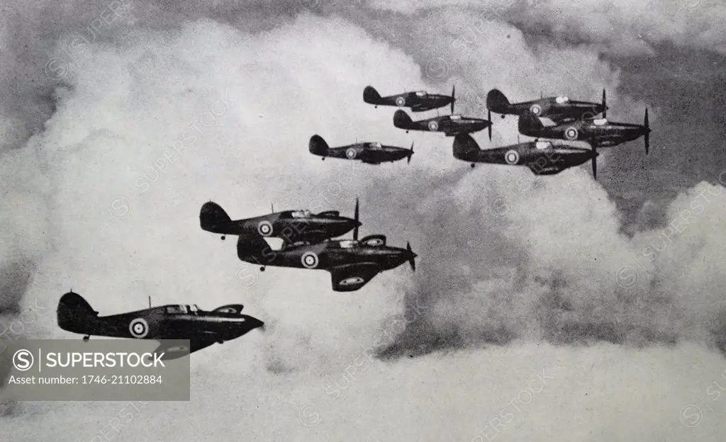 Photograph of the Hurricane Squadron. Equipped with the Rolls-Royce Merlin engine the top speed was 1,000 mph. Dated 1939