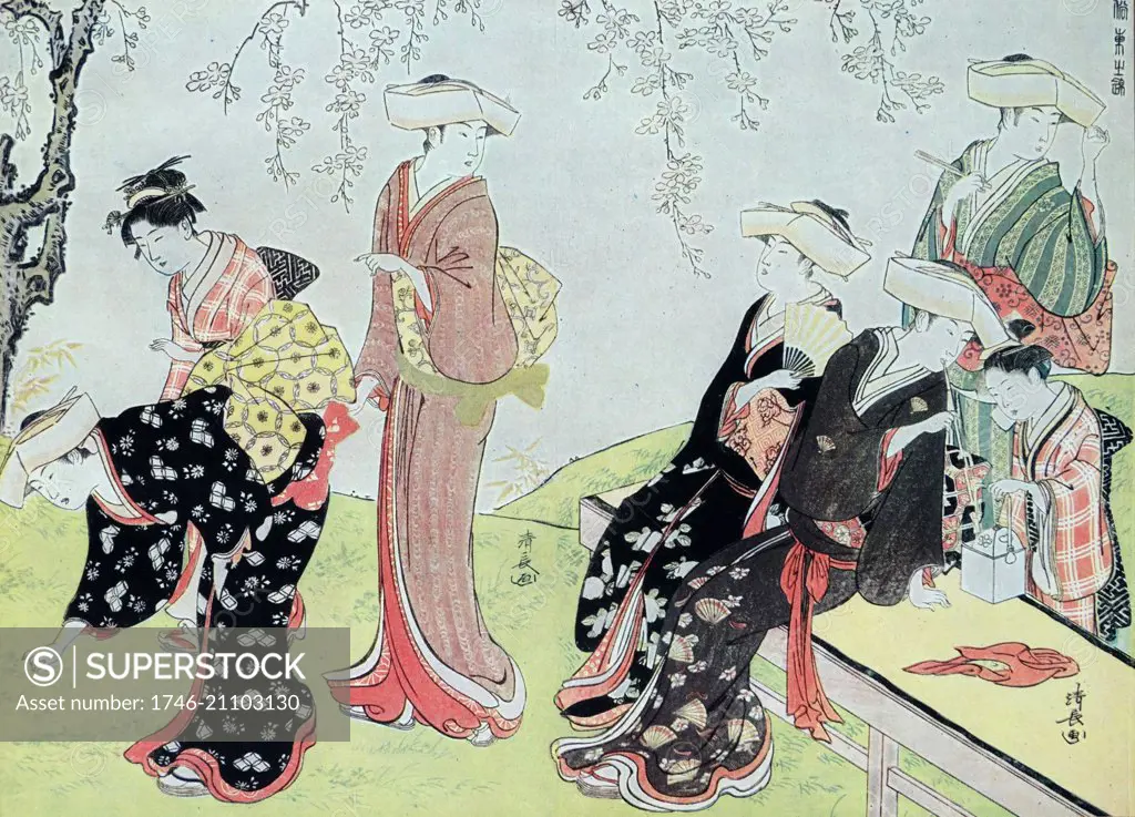 Autumn scene in Nihonbashi, 1786. women picking flowers; Japanese painting by Torii Kiyonaga 18th century