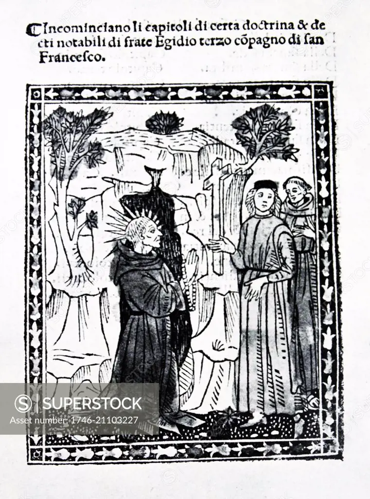 Woodcut showing Saint Aegidius or Saint Giles (circa 650-circa 710), hermit saint from Athens. 1493