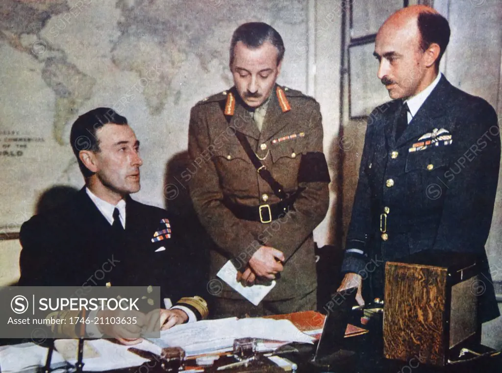 Vice Admiral, Lord Louis Mountbatten (born 1900 - assassinated 1979) with his staff at Combined Operations Headquarters. Left to right: lord Mountbatten, Major General J C Haydon and Air Vice marshall James Robb