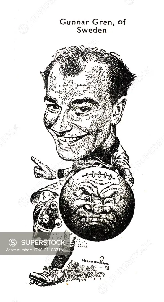 Caricature of Gunnar Gren (1920-1991), A Swedish football player and coach. Dated 1940