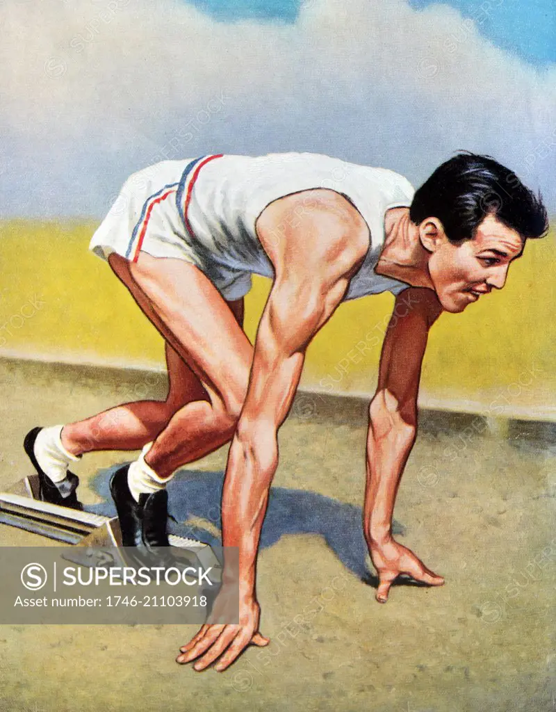 Colour illustration of Melvin Emery 'Mel' Patton (1924-2014) American track and field athlete, who won two gold medals at the 1948 Summer Olympics. Dated 1948