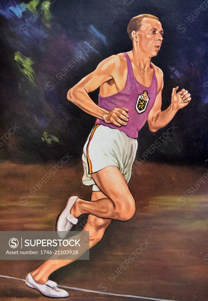 Colour illustration of Gaston Reiff (1921-1992) Belgian athlete, winner of the 1948 Olympic title in the 5,000 m, Summer Olympics. Dated 1948