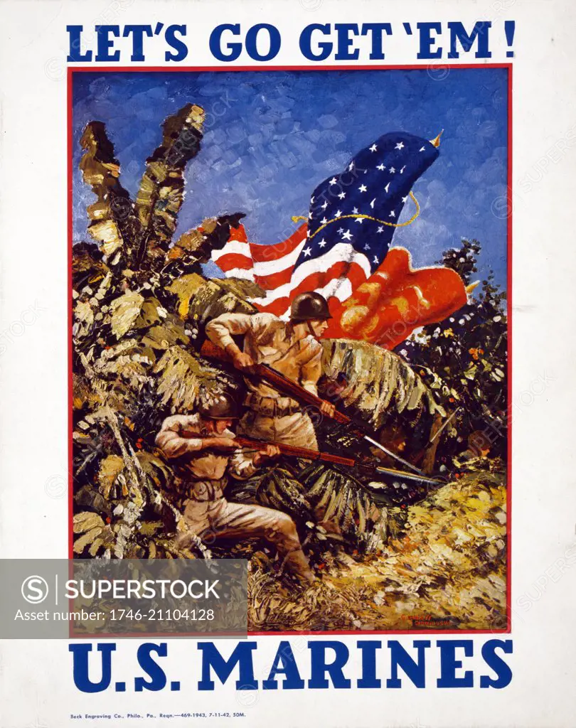 Let's go get 'em! U.S. Marines / Guinness, Captain USMC. 1942 Poster showing Marines bearing rifles with bayonets and flags in a jungle. World war two american propaganda