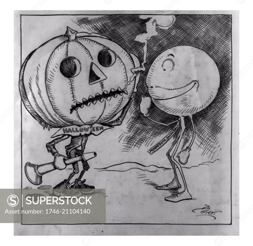 Halloween and the Minnesota snowball by Charles Lewis Bartholomew, 1869-1949. between 1898 and 1915drawing in India ink over pencil on bristol board: Two figures are shown standing outdoors in the snow, one with a jack-o-lantern head and the other with a snowball for a head. The jack-o-lantern wears a bow tie labled 'Halloween' and holds a party horn. From the corner of its mouth, smoky breath eminates, perhaps serving as an indication of the cold temperature. The snowball, in mittens and a ti