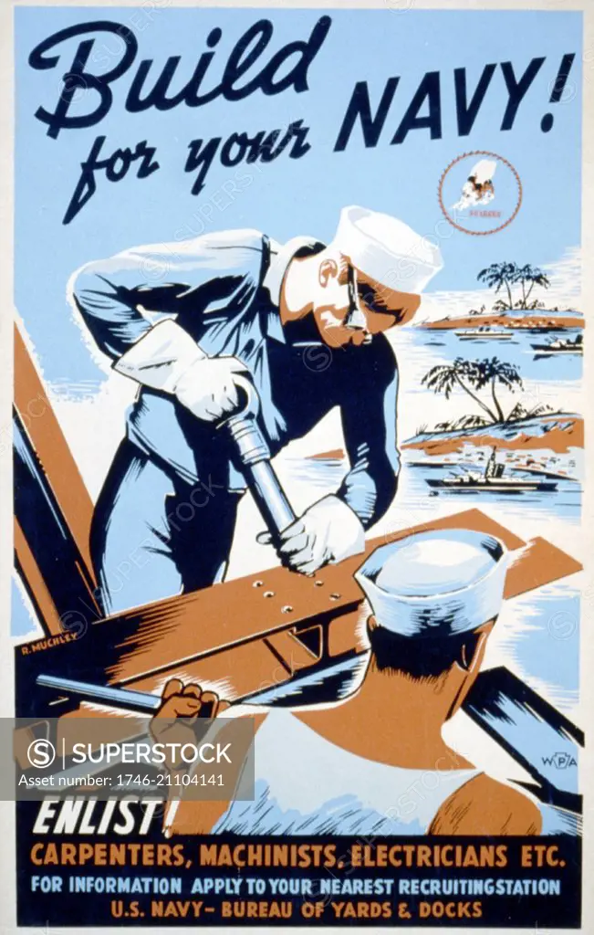 Build for your Navy! Enlist! Carpenters, machinists, electricians etc. by Robert Muchley. Poster encouraging skilled laborers to join the Seabees as part of the war effort.