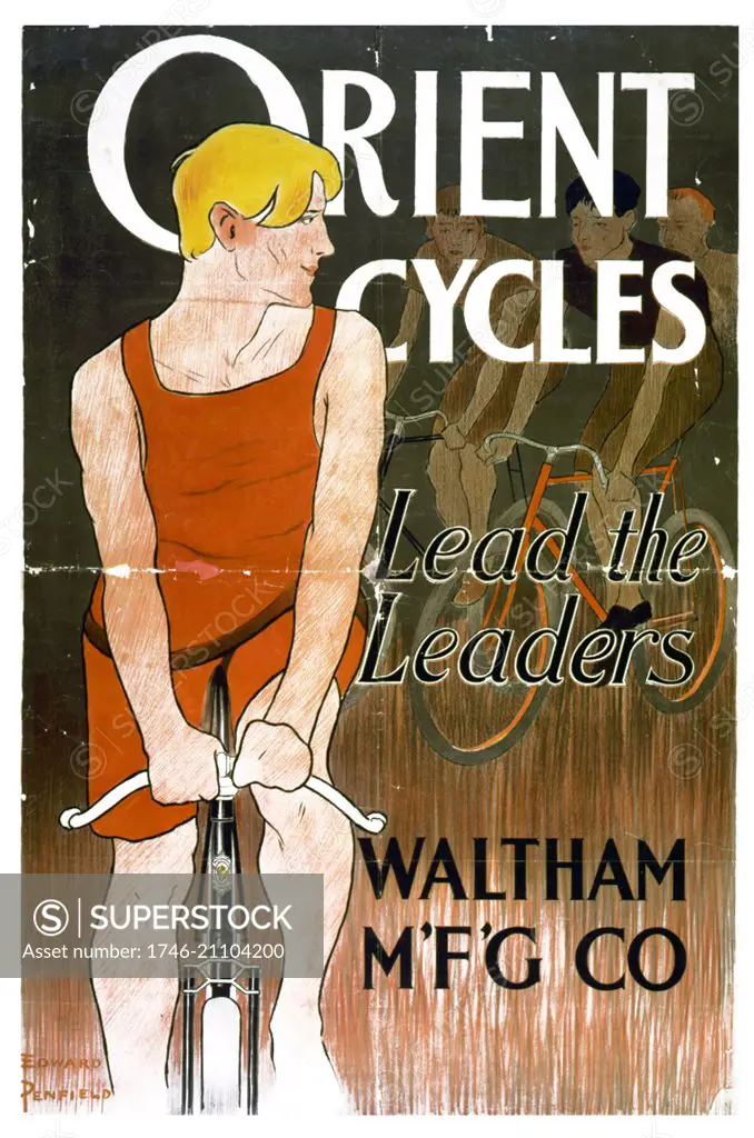 Orient cycles lead the leaders. Waltham M'f'g' Co. by Edward Penfield. 1866-1925, artist 1890